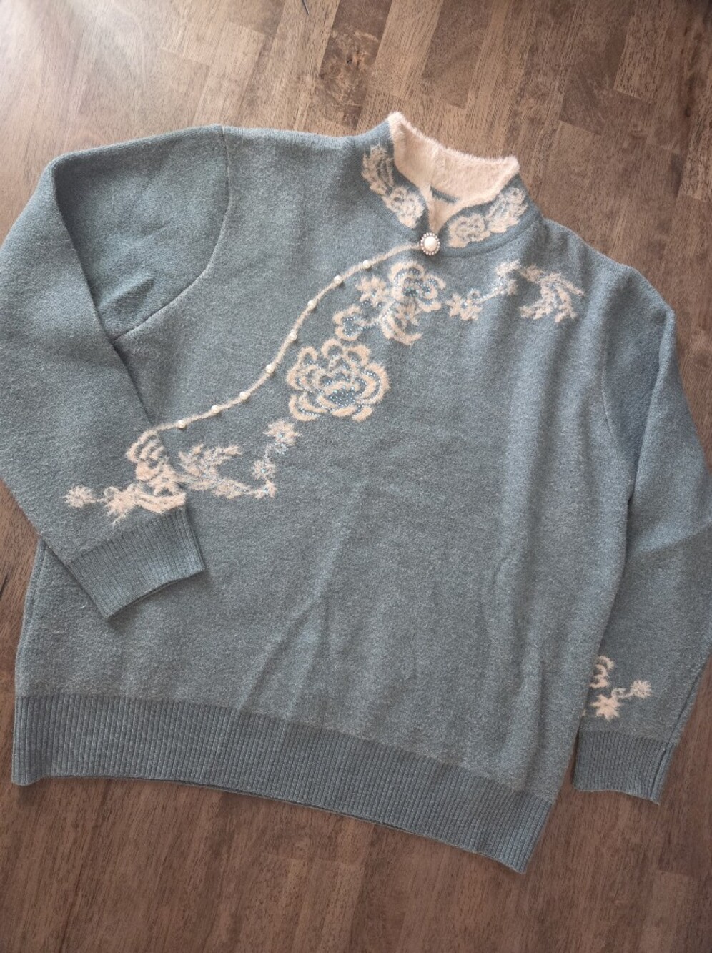 Dainty Soft Unique Embellished Mock-Neck Sweater With Faux Pearls And Rhinestone